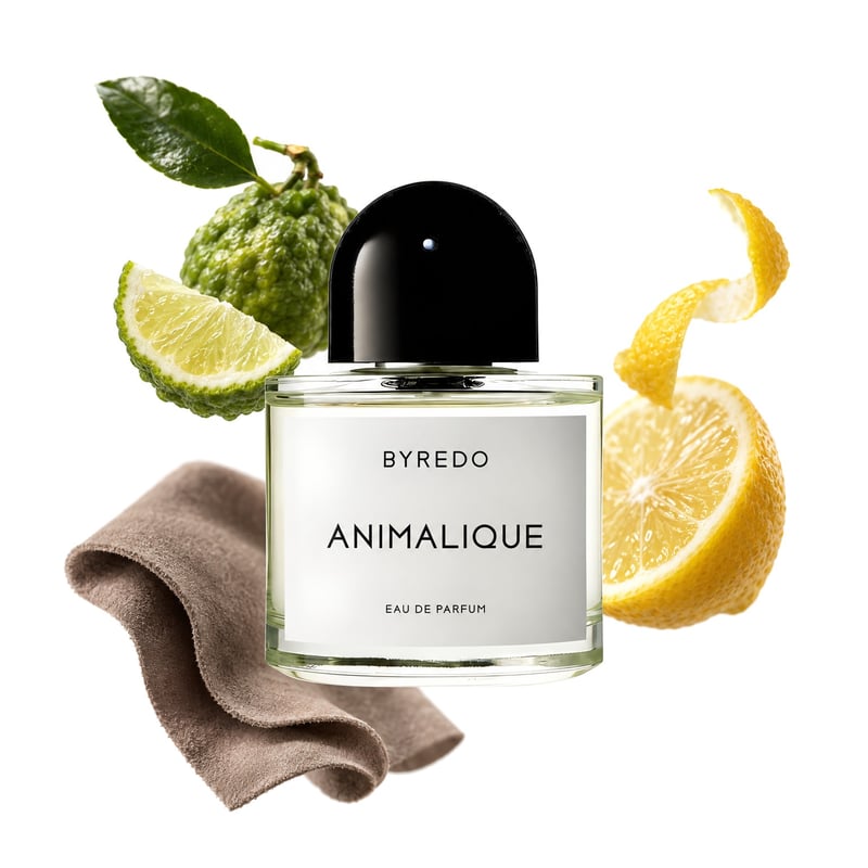 Animalique by Byredo, bottle pictured with its key notes: Bergamot, Lemon and Suede