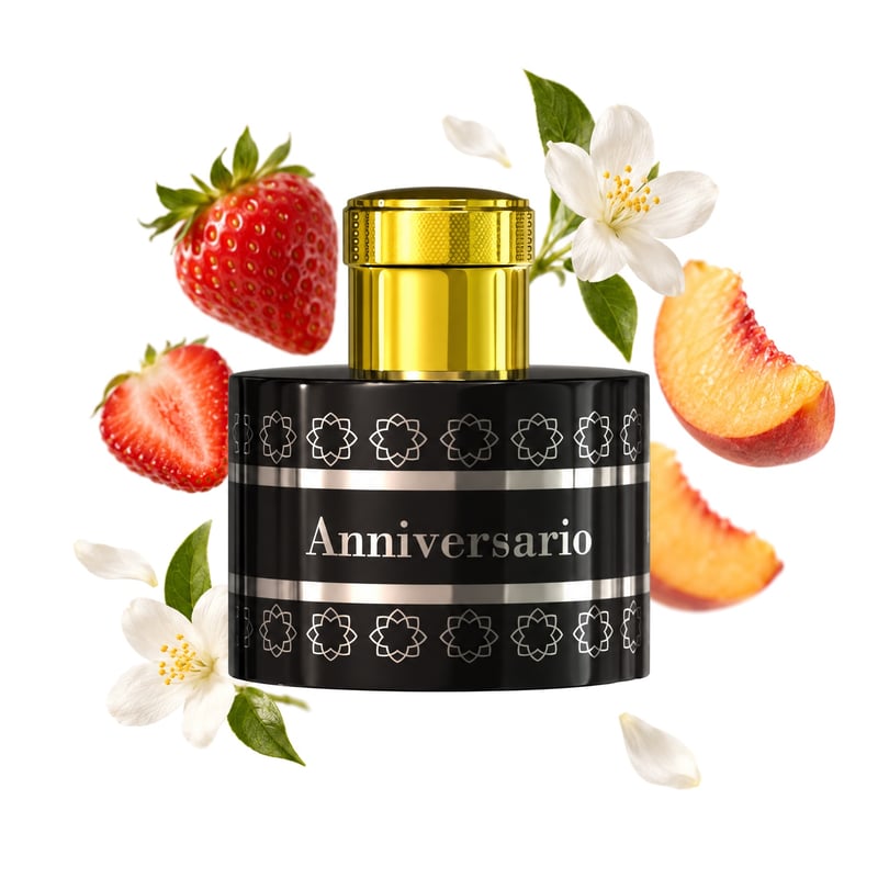Anniversario by Pantheon Roma, bottle pictured with its key notes: Strawberry, Peach and Jasmine