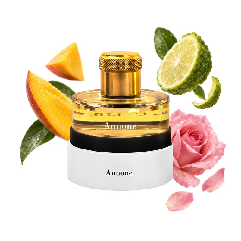 Annone de Pantheon Roma, frasco con sus notas principales: Mango, Bergamota y Rosa
