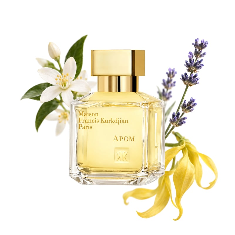 APOM by Maison Francis Kurkdjian, bottle pictured with its key notes: Orange Blossom, Lavender and Ylang-ylang