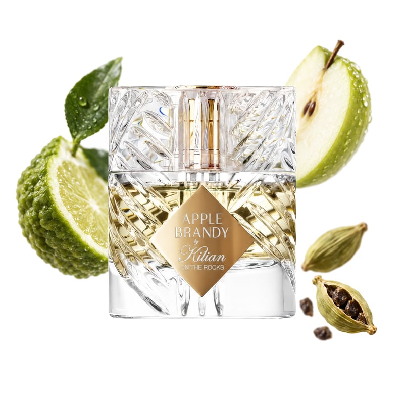 Apple Brandy on the Rocks by By Kilian, bottle pictured with its key notes: Bergamot, Cardamom and Apple