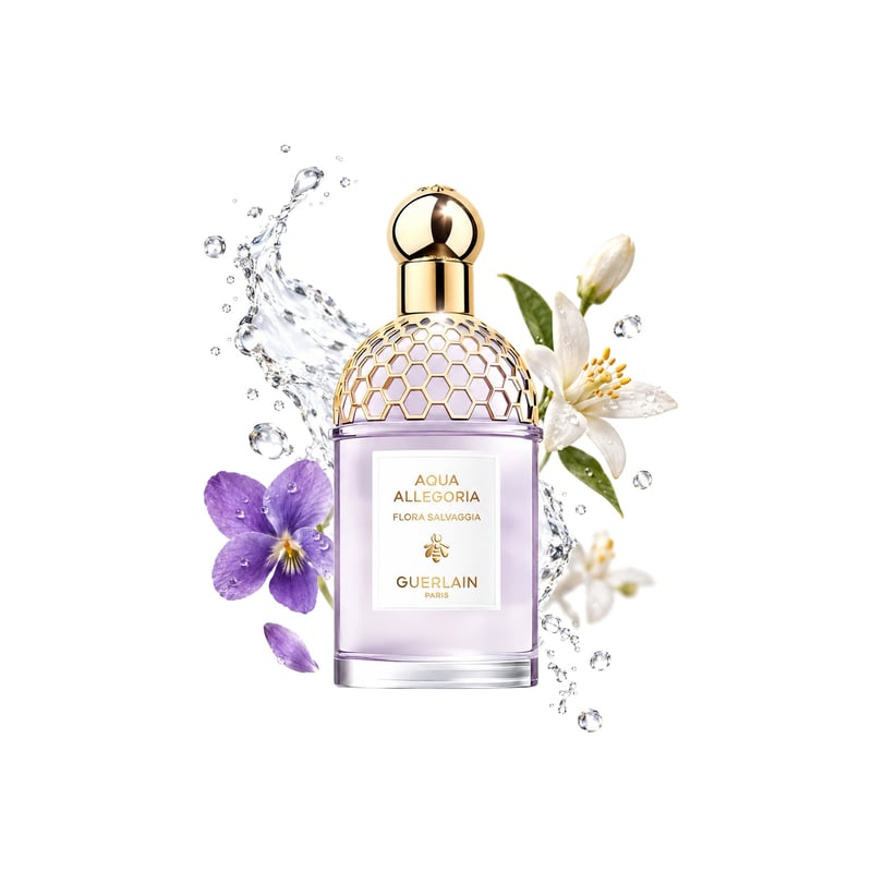 Aqua Allegoria Flora Salvaggia di Guerlain, flacone con le sue note principali: Note acquose, Violetta e Fiori d’arancio