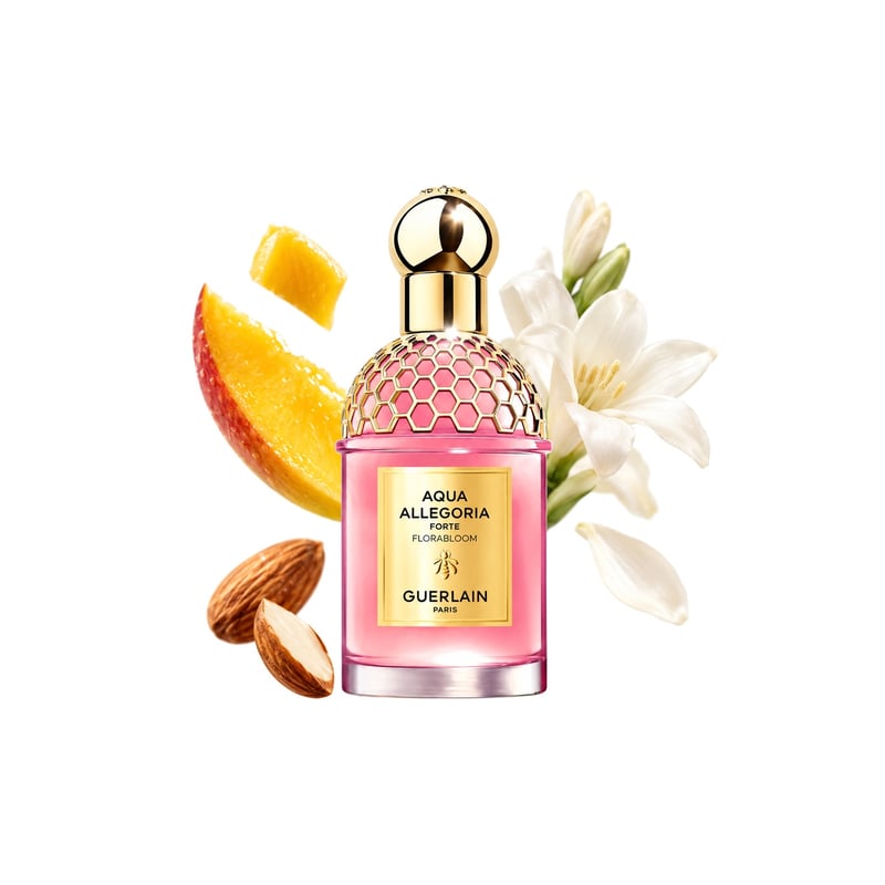 Aqua Allegoria Florabloom Forte by Guerlain, bottle pictured with its key notes: Mango, Almond and Tuberose