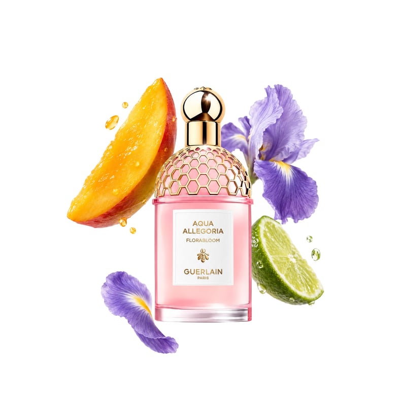 Aqua Allegoria Florabloom by Guerlain, bottle pictured with its key notes: Mango, Lime and Iris