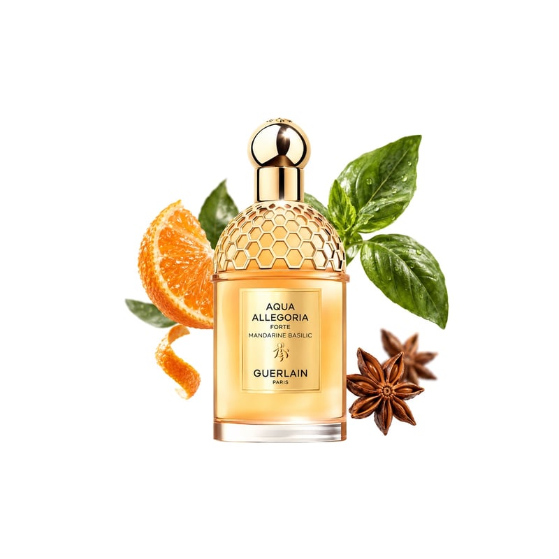 Aqua Allegoria Forte Mandarine Basilic de la Guerlain, flacon alături de notele principale: Mandarină, Busuioc și Anason