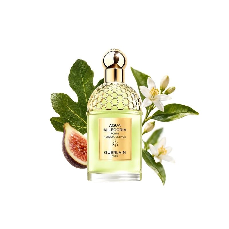 Aqua Allegoria Forte Nerolia Vetiver by Guerlain, bottle pictured with its key notes: Fig Leaf, Petitgrain and Neroli