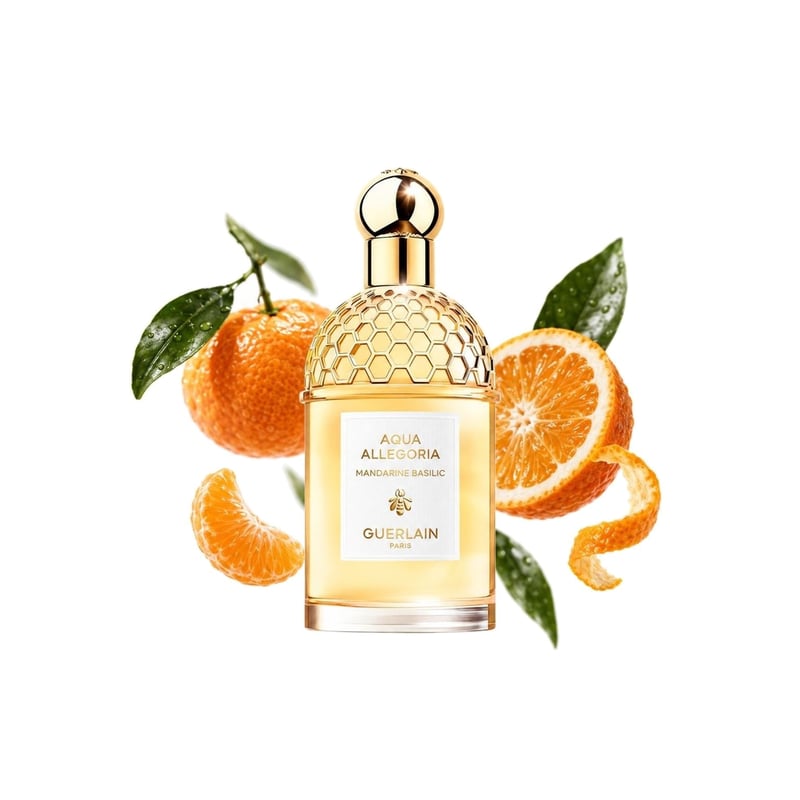 Aqua Allegoria Mandarine Basilic by Guerlain, bottle pictured with its key notes: Clementine, Bitter Orange and Mandarin Orange
