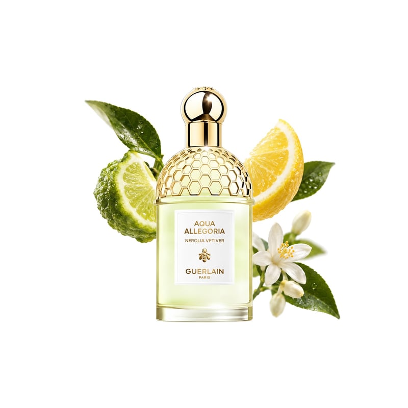 Aqua Allegoria Nerolia Vetiver by Guerlain, bottle pictured with its key notes: Bergamot, Lemon and Neroli