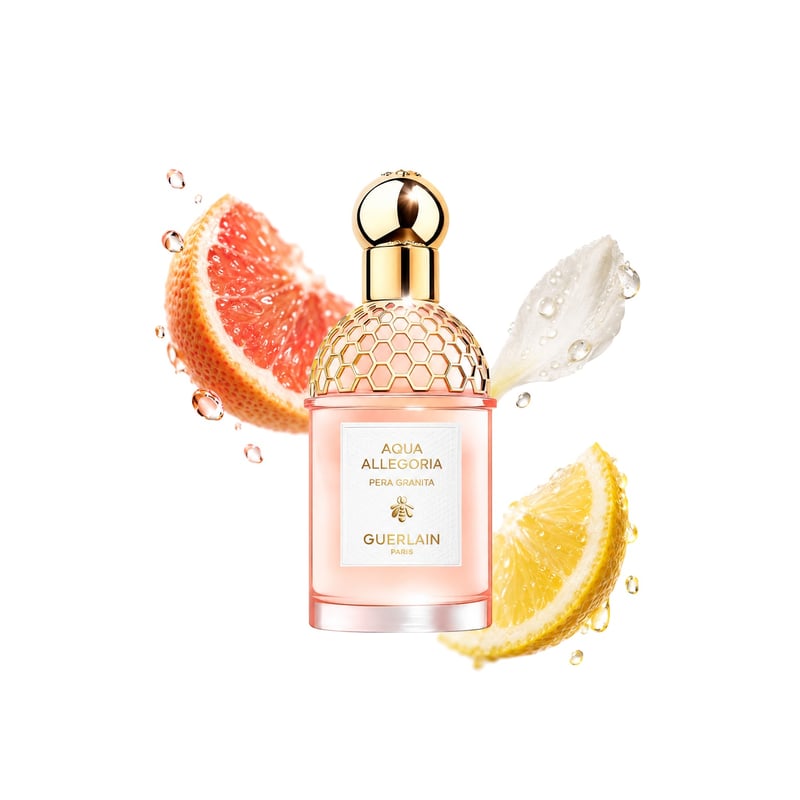 Aqua Allegoria Pera Granita by Guerlain, bottle pictured with its key notes: Grapefruit, Lemon and Hedione