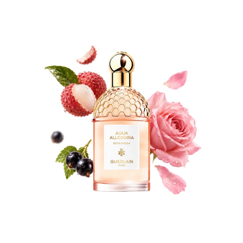 Aqua Allegoria Rosa Rossa by Guerlain, bottle pictured with its key notes: Litchi, Black Currant and Rose