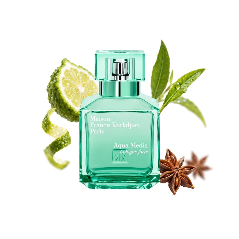 Aqua Media Cologne Forte by Maison Francis Kurkdjian, bottle pictured with its key notes: Bergamot, Verbena and Anise