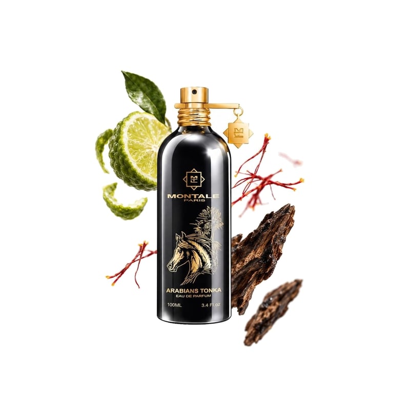 Arabians Tonka by Montale, bottle pictured with its key notes: Saffron, Bergamot and Agarwood (oud)