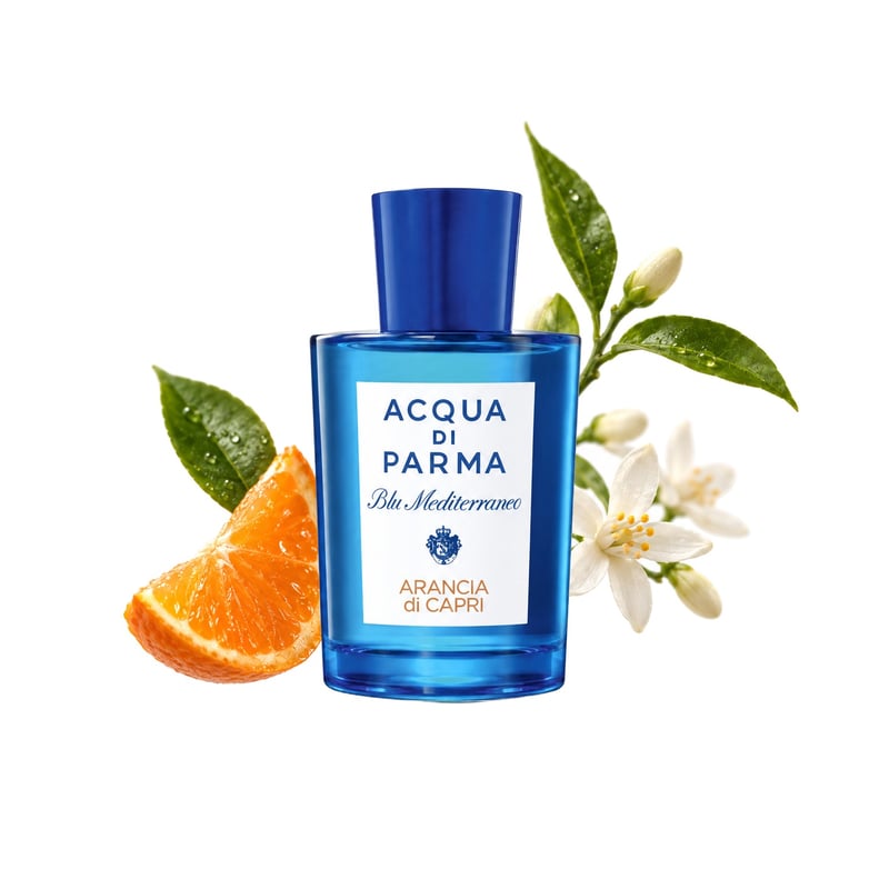 Arancia di Capri by Acqua di Parma, bottle pictured with its key notes: Sicilian Mandarin Orange, Petit Grain and Orange Blossom