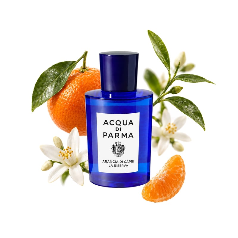 Arancia di Capri La Spugnatura του οίκου Acqua di Parma, φιάλη με τις κύριες νότες της: Μανταρίνι, Πετιγκρέν και Άνθος πορτοκαλιάς