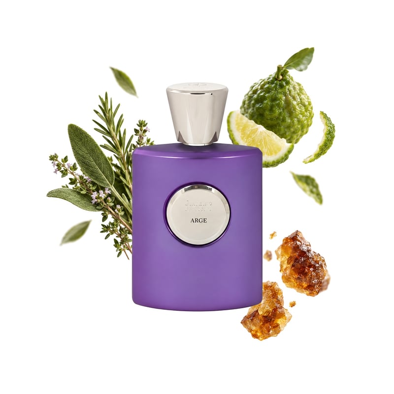 Arge by Giardino Benessere, bottle pictured with its key notes: Herbal Notes, Bergamot and Labdanum
