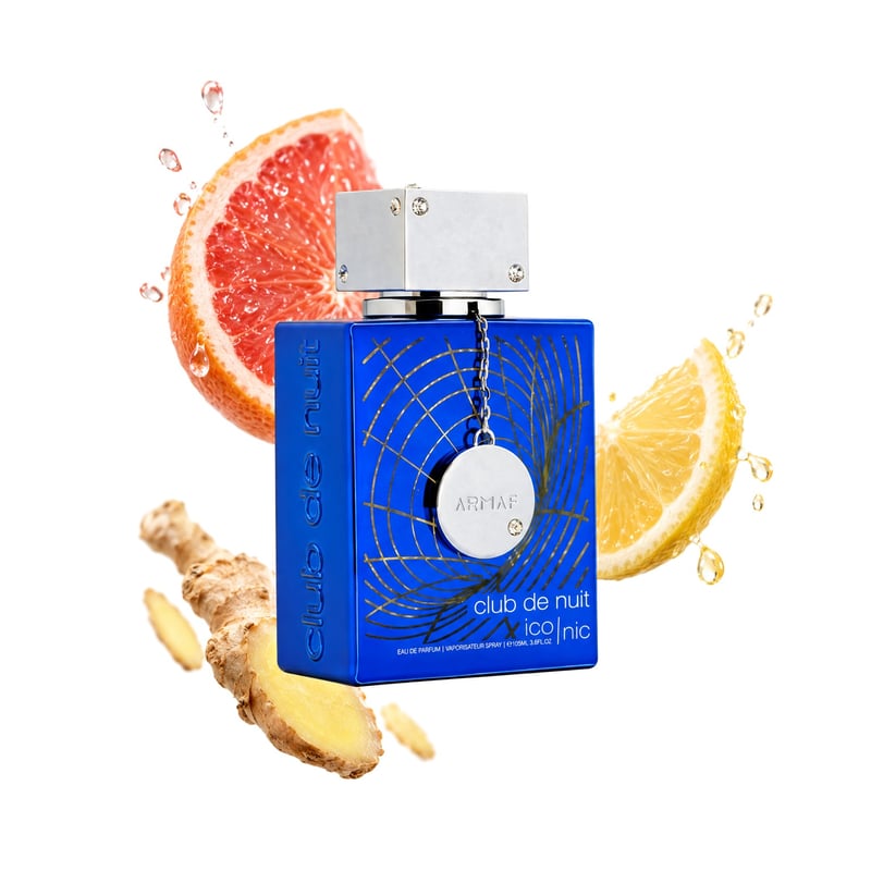 Club de Nuit Blue Iconic by Armaf, bottle pictured with its key notes: Grapefruit, Lemon and Ginger