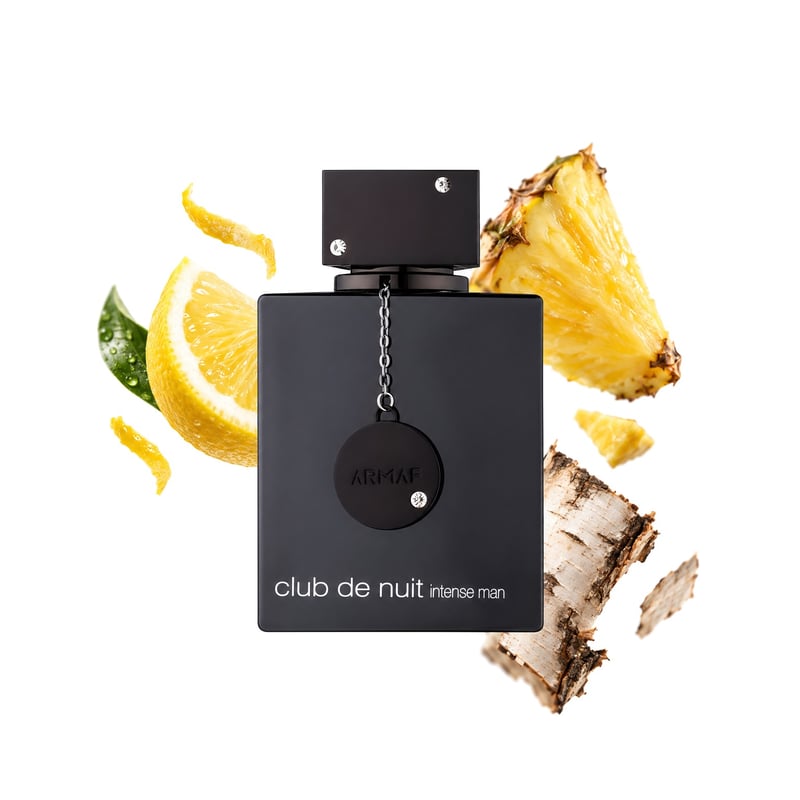 Club de Nuit Intense Man by Armaf, bottle pictured with its key notes: Lemon, Pineapple and Birch