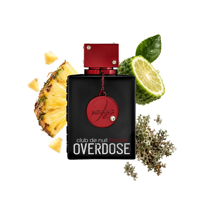 Club de Nuit Intense Overdose van Armaf, flacon met de belangrijkste geurnoten: Ananas, Bergamot en Eikenmos