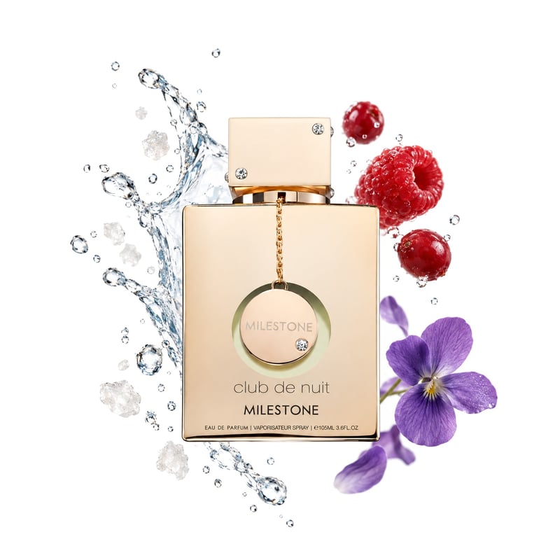 Club de Nuit Milestone by Armaf, bottle pictured with its key notes: Sea Notes, Red Fruits and Violet