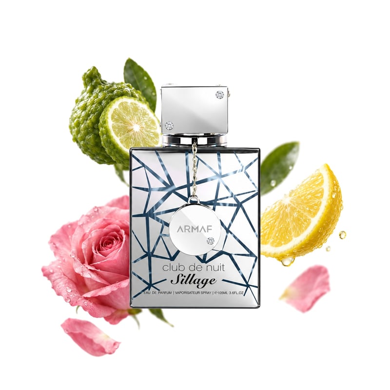 Club de Nuit Sillage by Armaf, bottle pictured with its key notes: Bergamot, Lemon and Rose