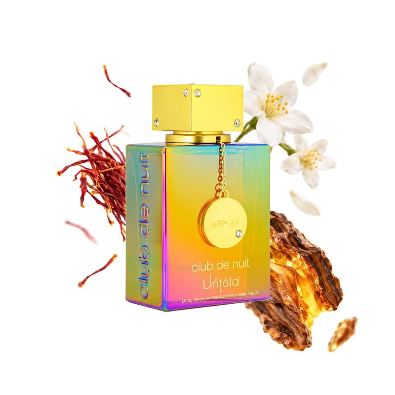 Club de Nuit Untold by Armaf, bottle pictured with its key notes: Saffron, Jasmine and Amberwood