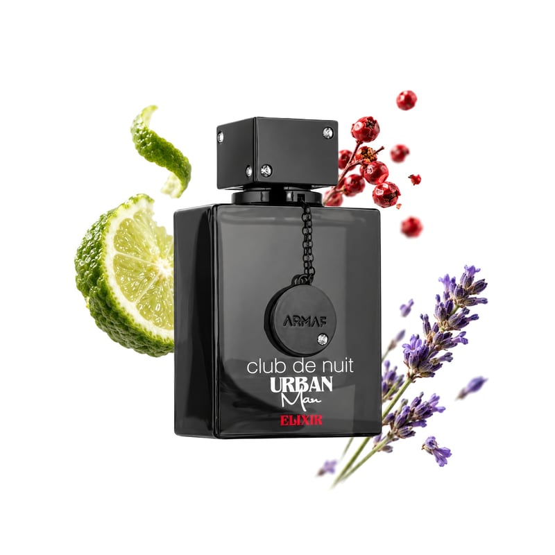 Club de Nuit Urban Man Elixir by Armaf, bottle pictured with its key notes: Bergamot, Pink Pepper and Lavender