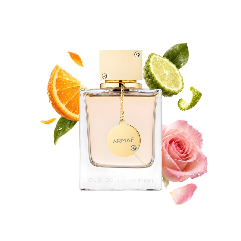 Club de Nuit Woman by Armaf, bottle pictured with its key notes: Orange, Bergamot and Rose