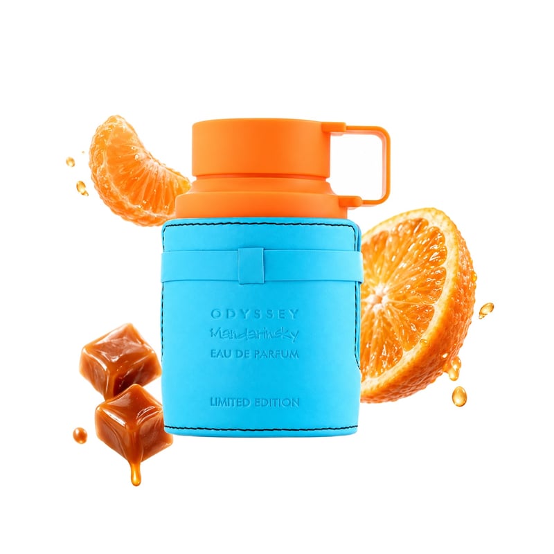 Odyssey Mandarin Sky by Armaf, bottle pictured with its key notes: Mandarin Orange, Orange and Caramel