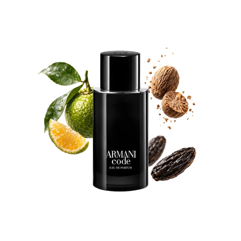 Armani Code Eau de Parfum (2024) by Giorgio Armani, bottle pictured with its key notes: Green Mandarin, Nutmeg and Tonka Bean