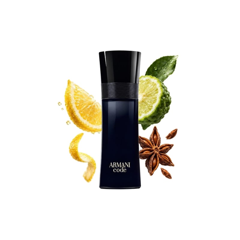 Armani Code by Giorgio Armani, bottle pictured with its key notes: Lemon, Bergamot and Star Anise