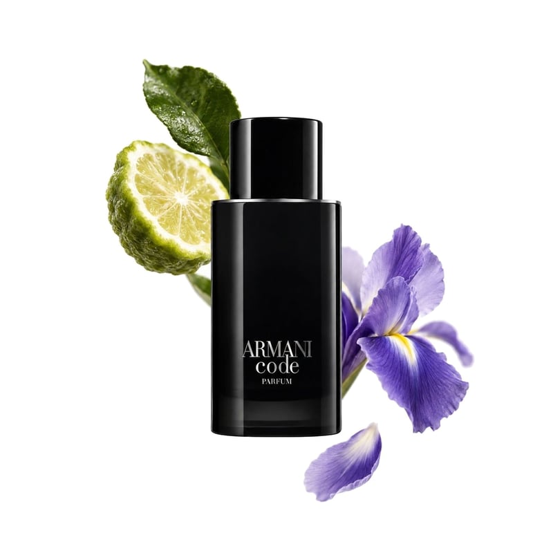 Armani Code Parfum by Giorgio Armani, bottle pictured with its key notes: Bergamot, Bergamot Leaf and Iris