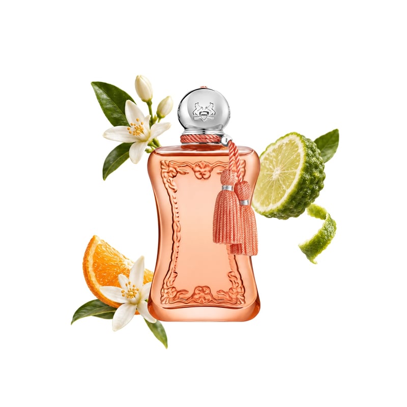 Athénaïs by Parfums de Marly, bottle pictured with its key notes: Neroli, Bergamot and Orange Blossom