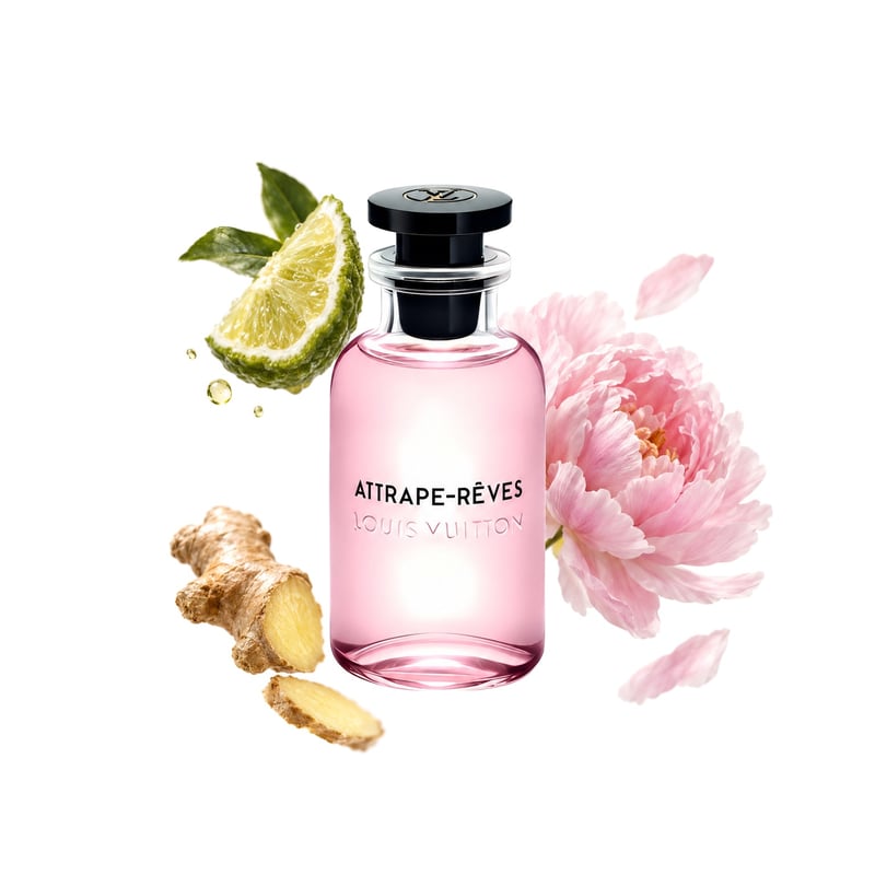 Attrape-Rêves by Louis Vuitton, bottle pictured with its key notes: Bergamot, Ginger and Peony