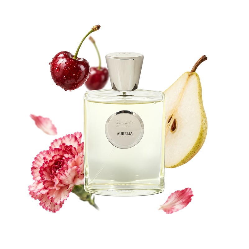 Aurelia von Giardino Benessere, Flakon mit seinen Hauptnoten: Kirsche, Birne und Nelke