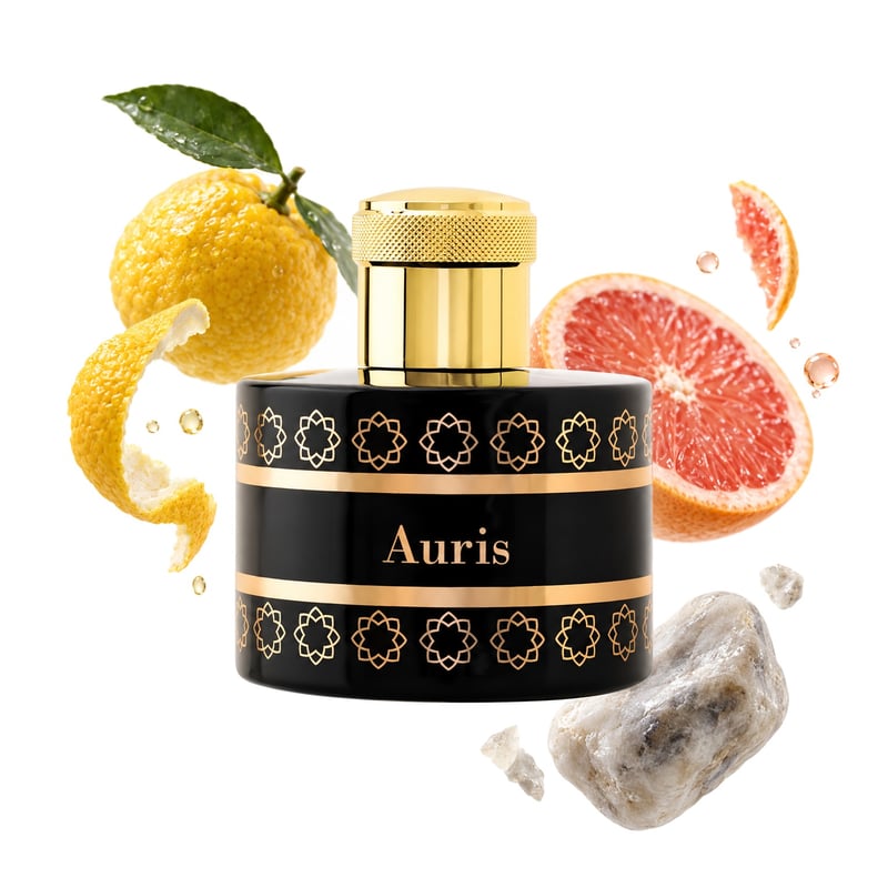Auris by Pantheon Roma, bottle pictured with its key notes: Yuzu, Grapefruit and Ambergris