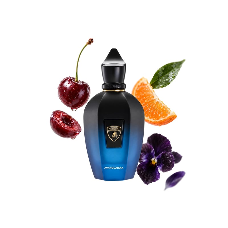 Avanguardia by Xerjoff, bottle pictured with its key notes: Cherry, Mandarin and Black Violet