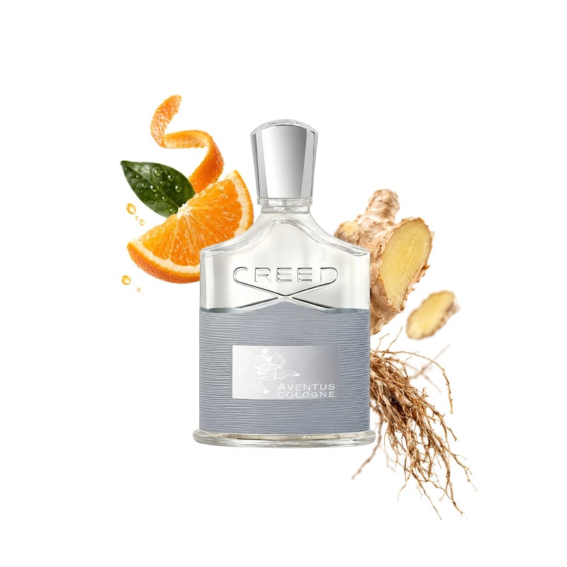 Aventus Cologne by Creed, bottle pictured with its key notes: Mandarin Orange, Ginger and Vetiver