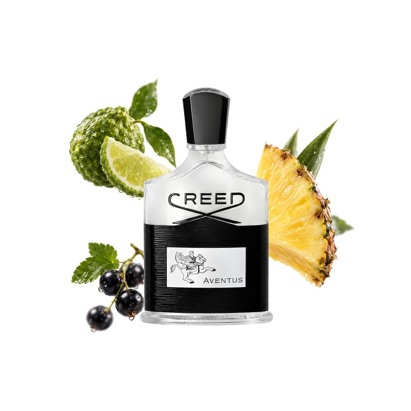 Aventus by Creed, bottle pictured with its key notes: Bergamot, Black Currant and Pineapple