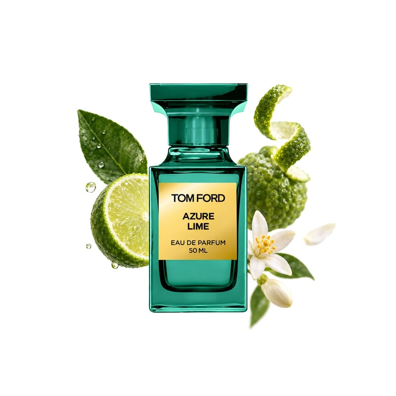 Azure Lime by Tom Ford, bottle pictured with its key notes: Lime, Bergamot and Neroli