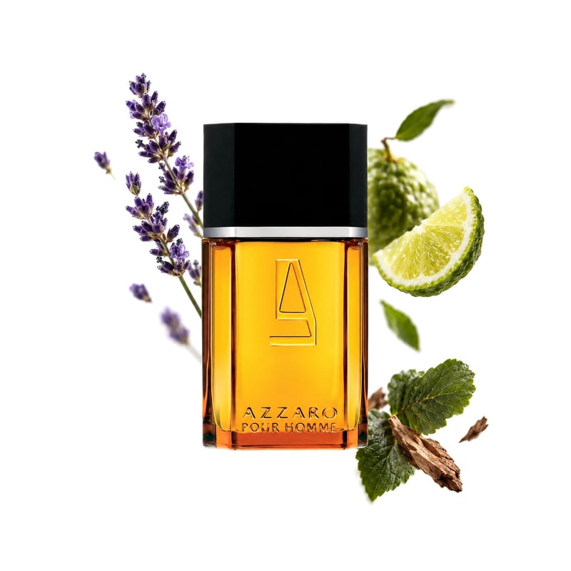 Azzaro pour Homme by Azzaro, bottle pictured with its key notes: Lavender, Bergamot and Patchouli