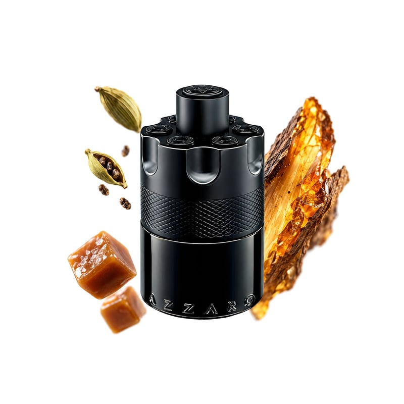 The Most Wanted Eau de Parfum Intense fra Azzaro, flaske afbildet med sine vigtigste duftnoter: Kardemomme, Toffee og Amberwood