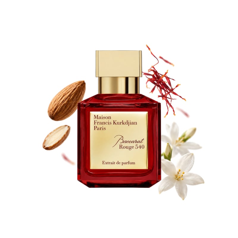 Baccarat Rouge 540 Extrait by Maison Francis Kurkdjian, bottle pictured with its key notes: Bitter Almond, Saffron and Egyptian Jasmine