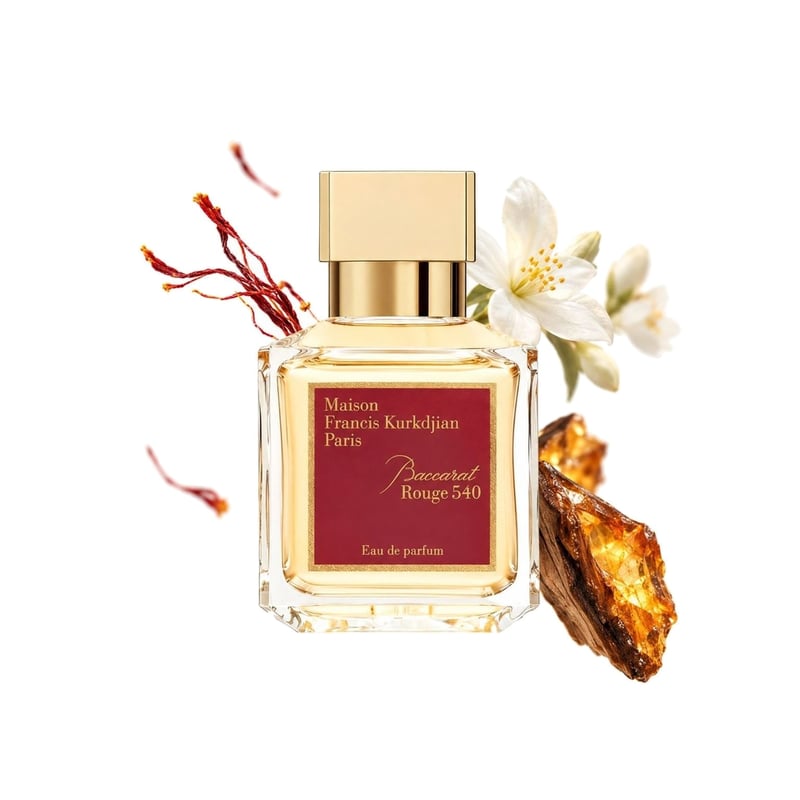 Baccarat Rouge 540 by Maison Francis Kurkdjian, bottle pictured with its key notes: Saffron, Jasmine and Amberwood