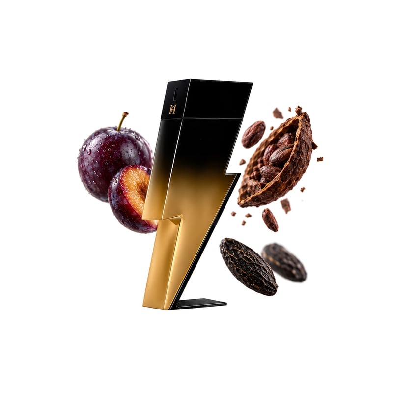 Bad Boy Extreme by Carolina Herrera, bottle pictured with its key notes: Plum, Cacao and Tonka Bean