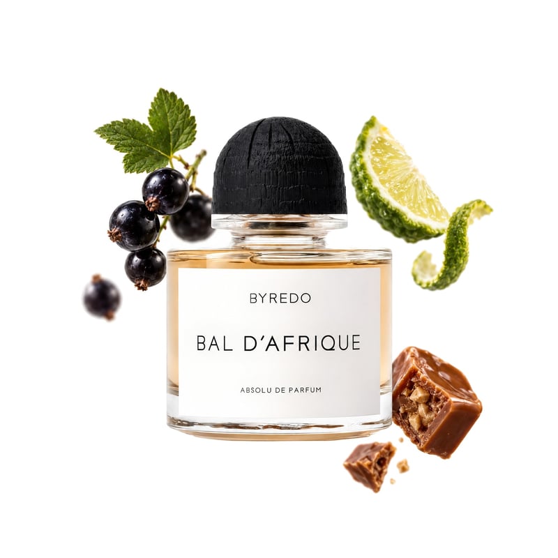 Bal d'Afrique Absolu by Byredo, bottle pictured with its key notes: Blackcurrant, Bergamot and Praline