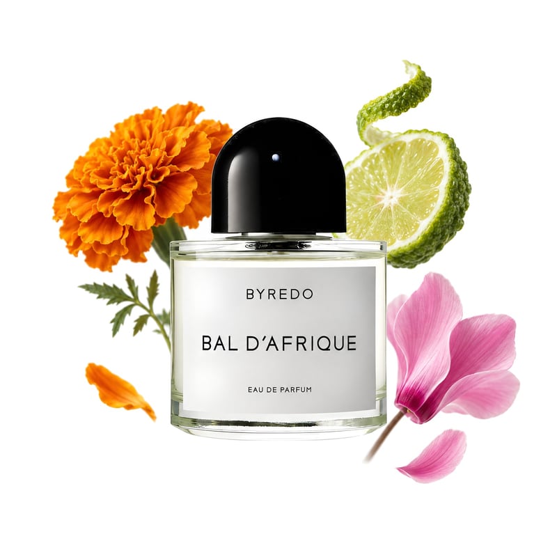 Bal d'Afrique by Byredo, bottle pictured with its key notes: African Marigold, Bergamot and Cyclamen