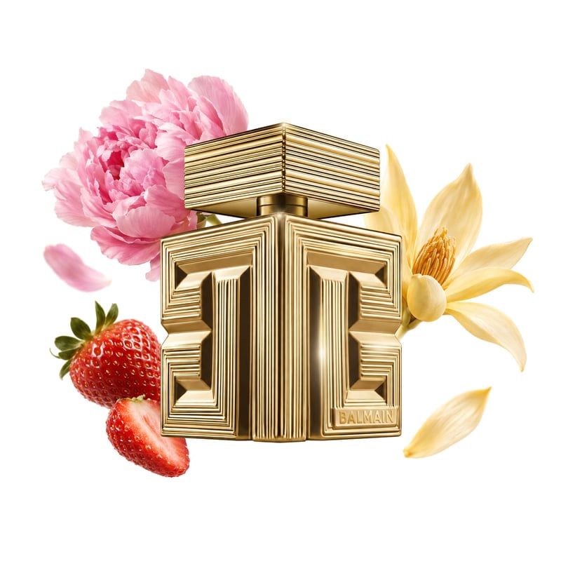 Destin de Balmain Parfum von Balmain, Flakon mit seinen Hauptnoten: Erdbeere, Pfingstrose und Champaca