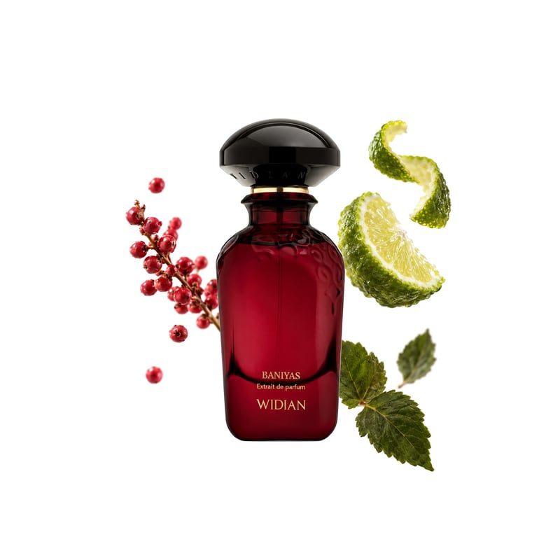 Baniyas di WIDIAN, flacone con le sue note principali: Pepe rosa, Bergamotto e Patchouli