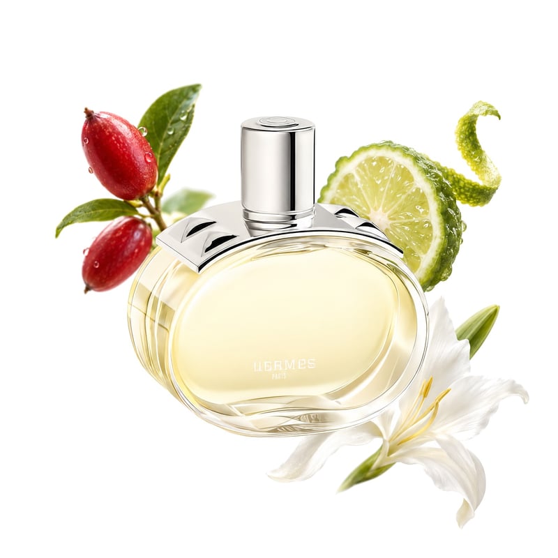 Barénia by Hermès, bottle pictured with its key notes: Miracle Berry, Bergamot and White Ginger Lily