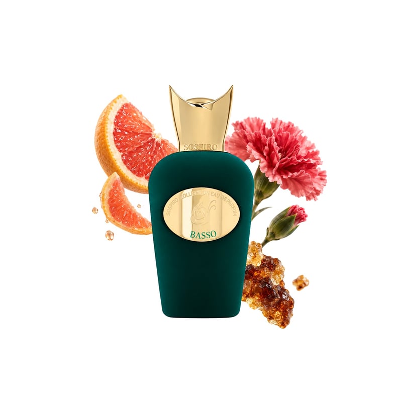 Basso by Sospiro, bottle pictured with its key notes: Grapefruit, Carnation and Labdanum